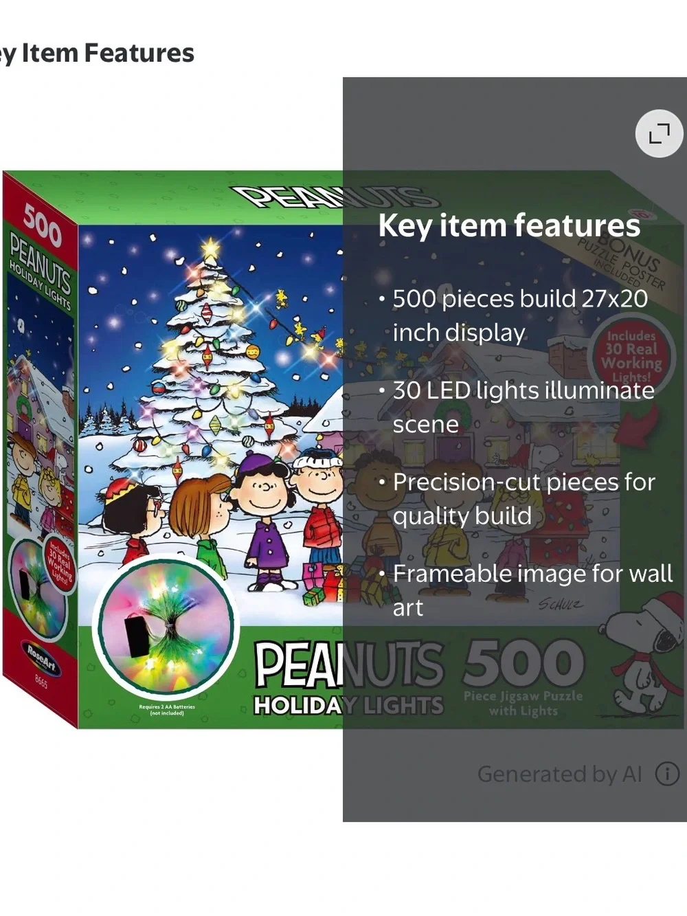 Brand New In Box Peanuts Charlie Brown Christmas Light Up 500-Piece Puzzle!